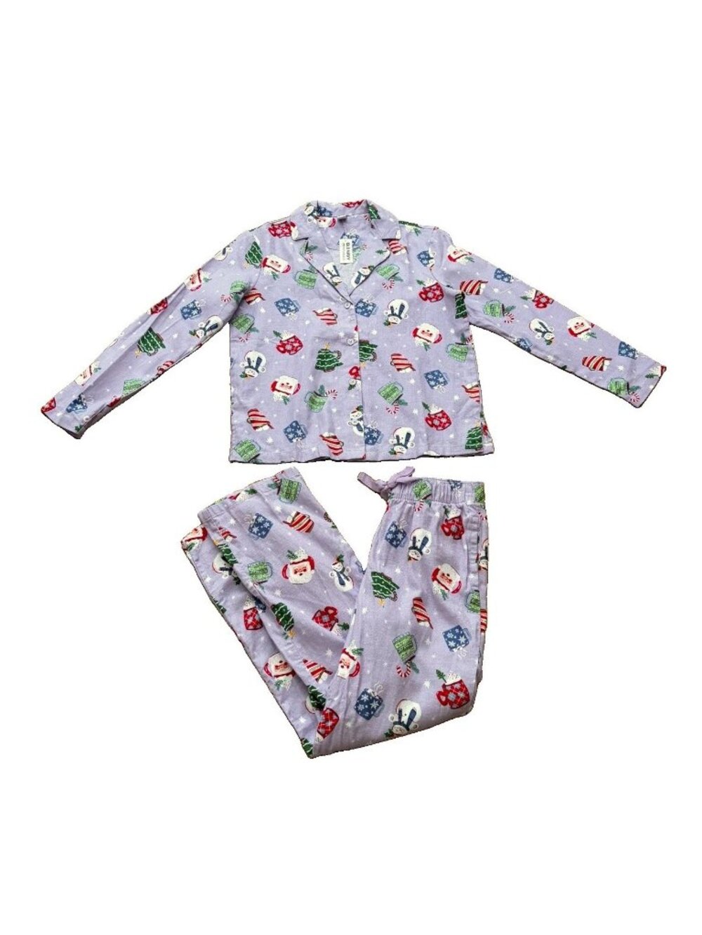 Old Navy Women’s XS Flannel Pajamas Set Purple Christmas Santa Snowman Mugs NWT